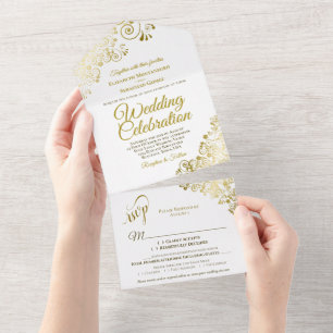 Invitación Todo En Uno Elegantes rizos dorados y nadar en Boda blanco