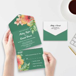 Invitación Todo En Uno Elegantes Rosas botánicos Boda floral otoño verde