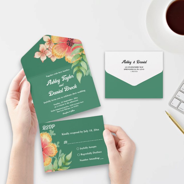 Invitación Todo En Uno Elegantes Rosas botánicos Boda floral otoño verde (Subido por el creador)