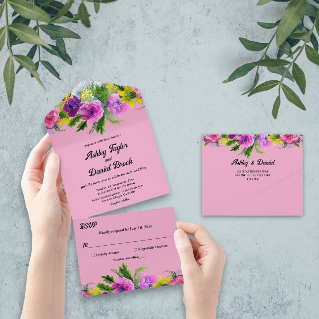 Invitación Todo En Uno Elegantes Rosas de Rubor Bloom Boda veraniego flor (Subido por el creador)