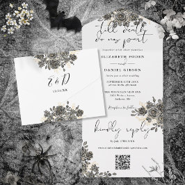Invitación Todo En Uno Elegantes Rosas florales góticos Boda de código QR