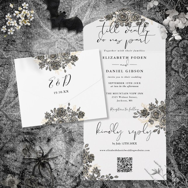 Invitación Todo En Uno Elegantes Rosas florales góticos Boda de código QR (Elegant Gothic Floral Roses QR Code Wedding All In One Invitation)