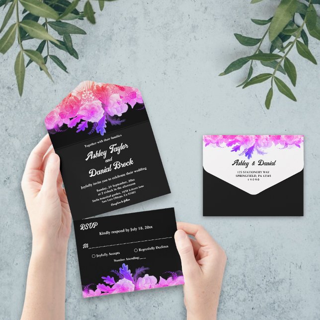 Invitación Todo En Uno Elegantes Rosas románticos brillantes Neon Floral  (Subido por el creador)