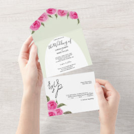 Invitación Todo En Uno Elegantes Rosas románticos de color verde rosa