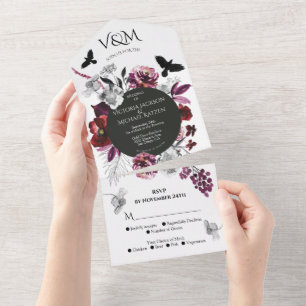 Invitación Todo En Uno Elegantia Malhumorado Floral Morado Oscuro Todo In