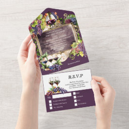 Invitación Todo En Uno Emblema de vintage enmarcado de uvas de oro burdeo