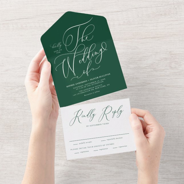 Invitación Todo En Uno Emerald Elegant Whimsical Calligraphy Boda (desgarro)