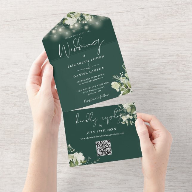 Invitación Todo En Uno Emerald Floral String Lights QR Code Boda (desgarro)