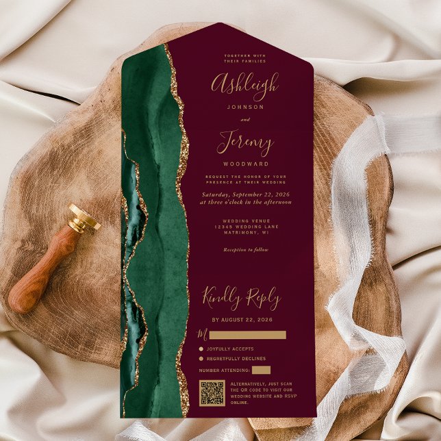 Invitación Todo En Uno Emerald Green Agate Gold Burgundy QR Code Wedding (Subido por el creador)