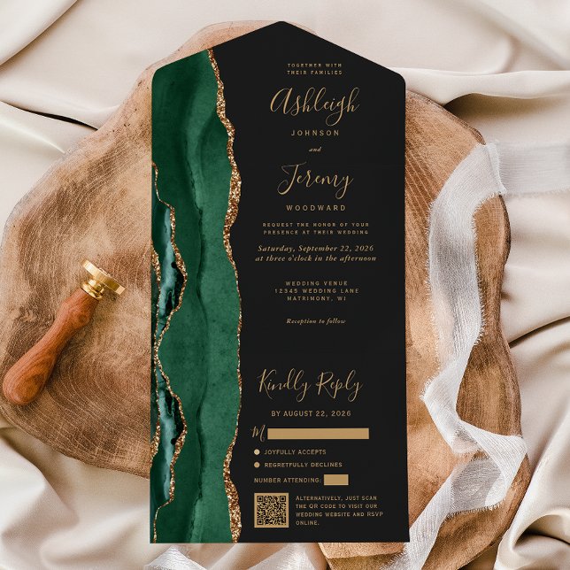 Invitación Todo En Uno Emerald Green Agate Gold Dark QR Code Wedding (Subido por el creador)