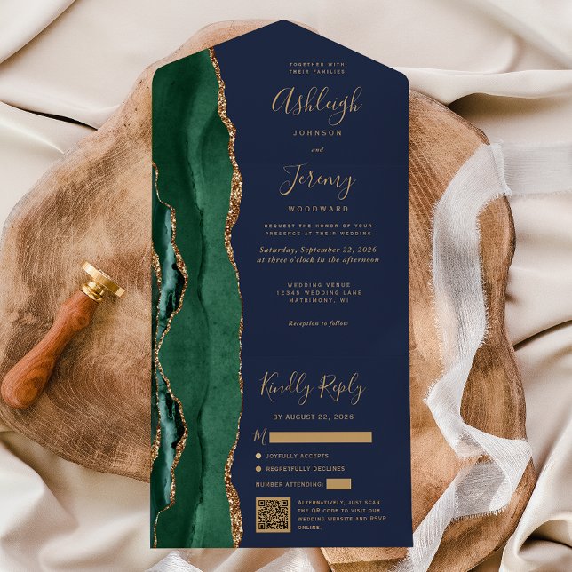 Invitación Todo En Uno Emerald Green Agate Gold Navy Blue QR Code Wedding (Subido por el creador)
