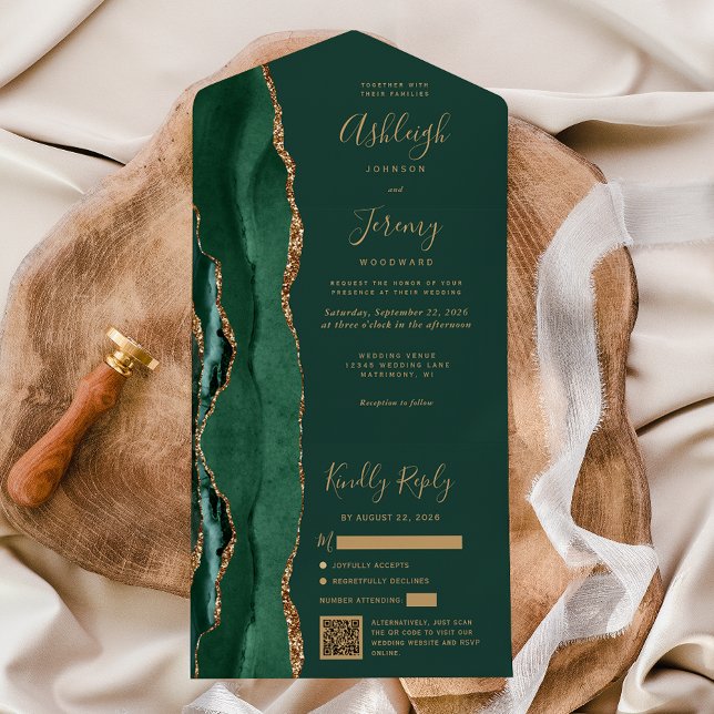 Invitación Todo En Uno Emerald Green Agate Gold QR Code Wedding (Subido por el creador)