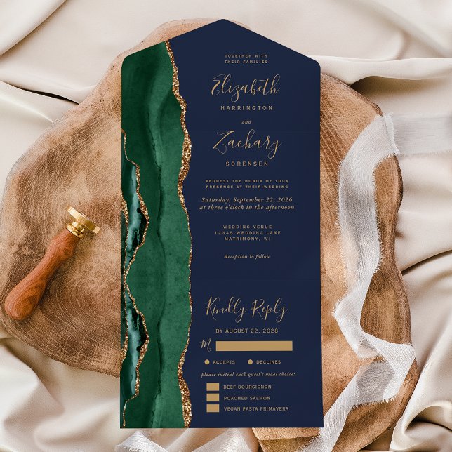 Invitación Todo En Uno Emerald Green Agate Navy Blue Meal Options Wedding (Subido por el creador)
