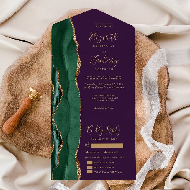 Invitación Todo En Uno Emerald Green Agate Purple Meal Options Wedding (Subido por el creador)