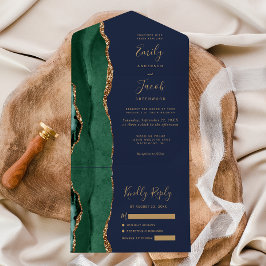 Invitación Todo En Uno Emerald Green Gold Agate Navy Blue Wedding