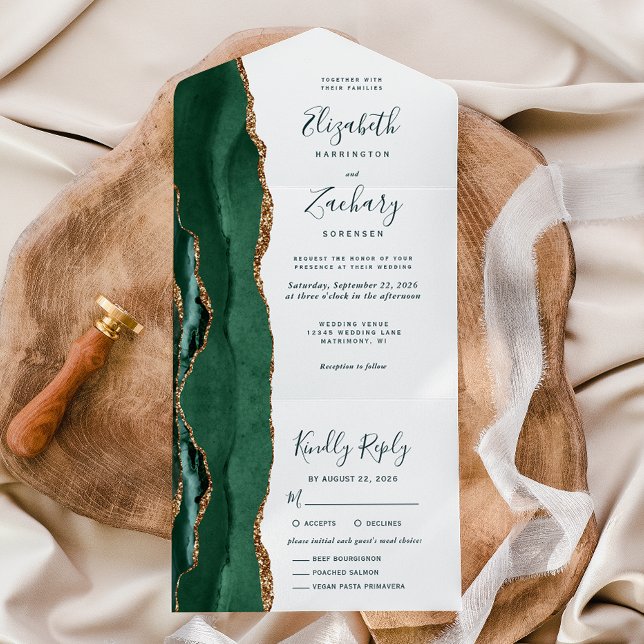 Invitación Todo En Uno Emerald Green Gold Meal Options Wedding (Subido por el creador)