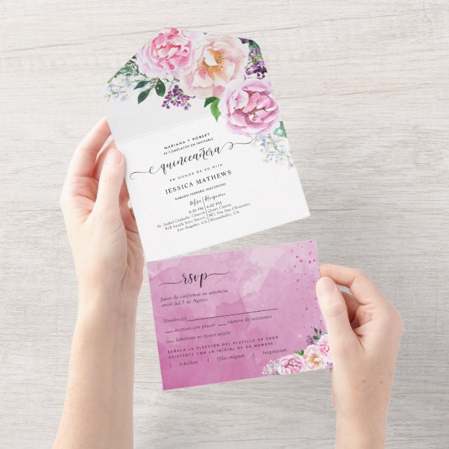 Invitación Todo En Uno en español, Elegante Fuchsia, Rosa Caliente Quince (desgarro)