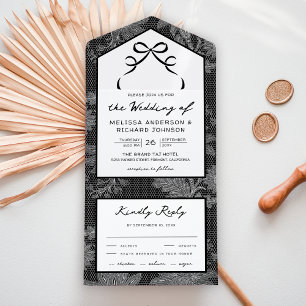 Invitación Todo En Uno Encaje negro y blanco Coqueta Lazo Boda