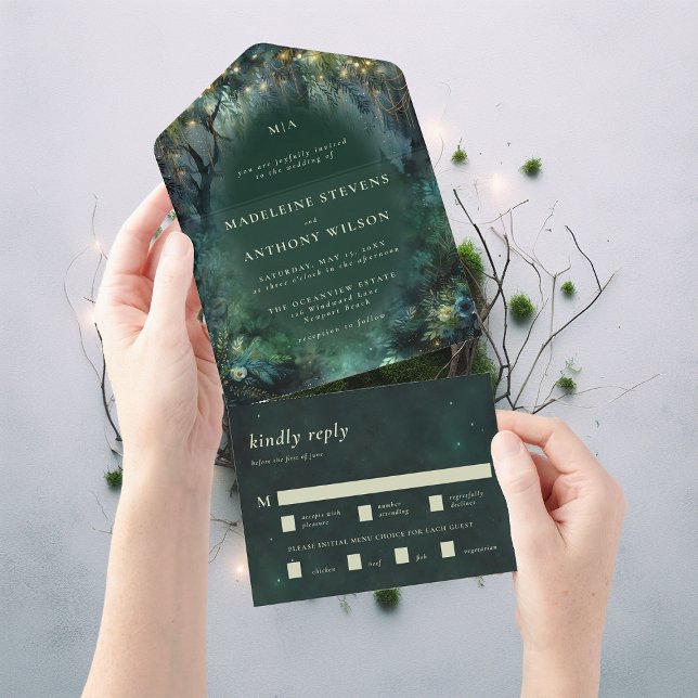Invitación Todo En Uno Encantado Bosque Woodland Boda Verde (enchanted forest woodland wedding invitation emerald hunter green gold all in one seal send)