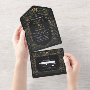 Invitación Todo En Uno Encantado Raven Gótico Boda Floral Verde oscuro