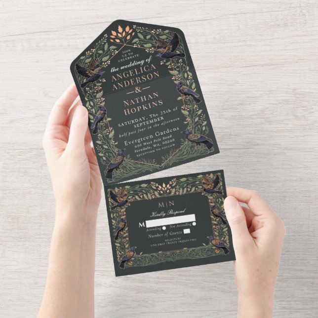 Invitación Todo En Uno Encantado Sabor del Boda floral Raven Gótico (desgarro)