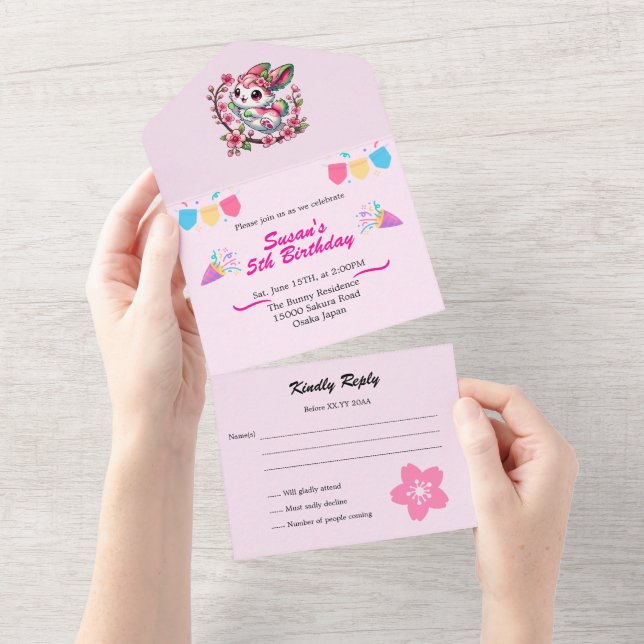Invitación Todo En Uno Encantador conejo Sakura (desgarro)