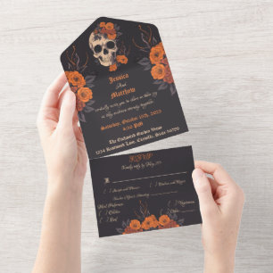 Invitación Todo En Uno Encantador ramo naranja en calavera de crema