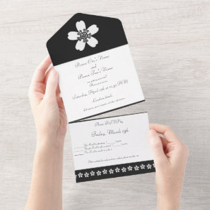Invitación Todo En Uno Encantadora Sakura en Negro