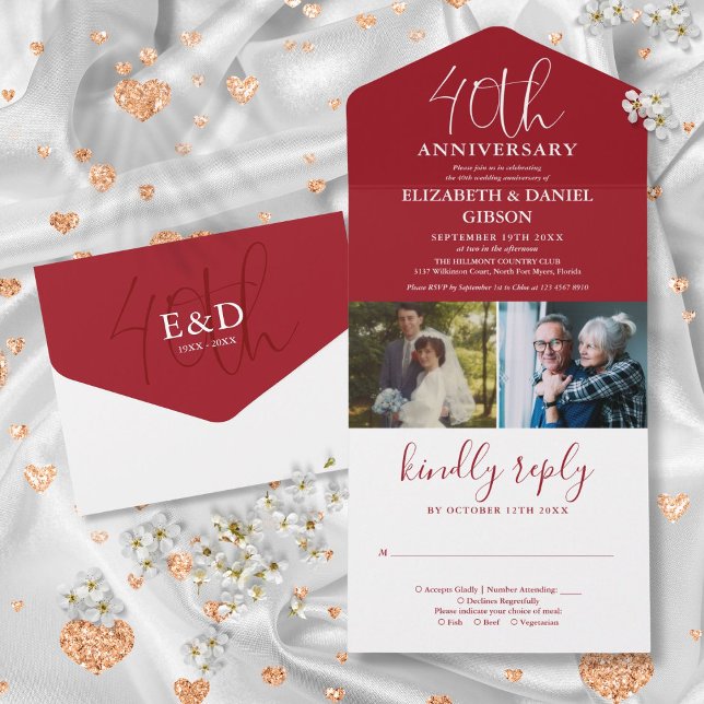 Invitación Todo En Uno Entonces Y Ahora 2 Foto 40 Aniversario Boda (Then And Now 2 Photo 40th Wedding Anniversary All In One Invitation)