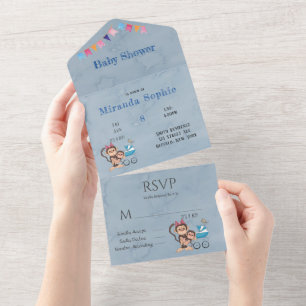 Invitación Todo En Uno Es un Baby Shower de Boy Monkey