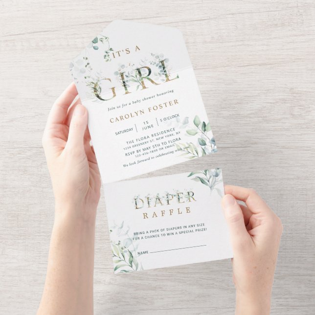 Invitación Todo En Uno Es un Baby Shower de oro Chica | Diaper Raffle  (desgarro)