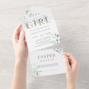 Invitación Todo En Uno Es un Baby Shower de oro Chica   Diaper Raffle