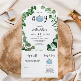 Invitación Todo En Uno Es un chico de calabaza azul Baby Shower