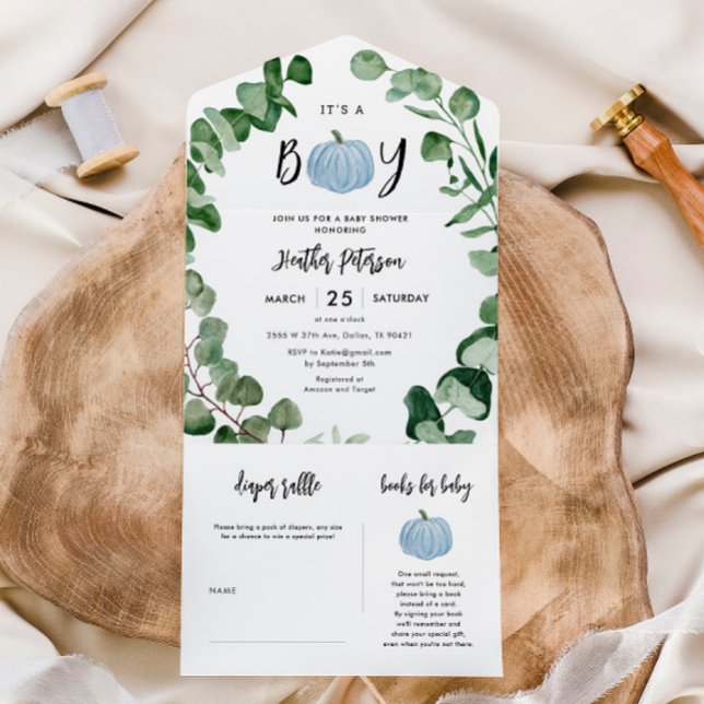 Invitación Todo En Uno Es un chico de calabaza azul Baby Shower (Subido por el creador)