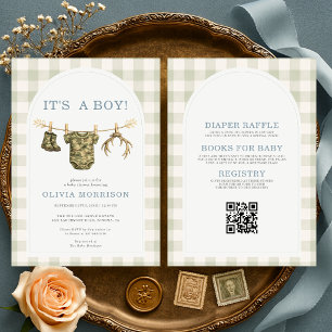 Invitación Todo en uno, es un niño, camuflaje, baby shower de