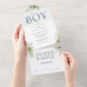 Invitación Todo En Uno Es un niño Dusty Blue Floral Greenery Baby Shower