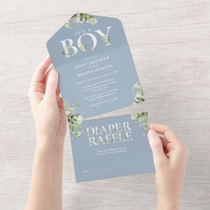 Invitación Todo En Uno Es un niño Floral Verdor Azul Polvoriento Baby Sho