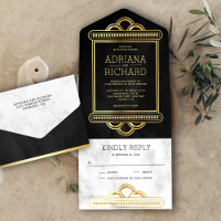 Escama de pez negra y dorada Arte Deco Mármol Boda