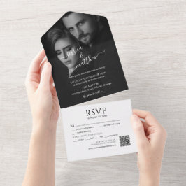 Invitación Todo En Uno Escritura moderna Código QR de foto en blanco y ne
