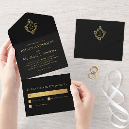 Invitación Todo En Uno Escudo Black Faux Gold Elegant Wedding Monograma