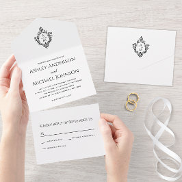 Invitación Todo En Uno Escudo boda Monograma Vintage blanco y negro RSVP