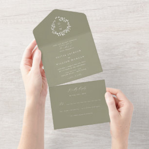 Invitación Todo En Uno Escudo de follaje verde sabio todo en una invitaci
