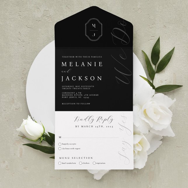 Invitación Todo En Uno Escudo de monograma personalizado mínimo en blanco (Minimal Black & White Personalized Monogram Crest All In One Invitation)
