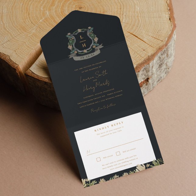 Invitación Todo En Uno Escudo floral Acuarela Monograma Boda (Subido por el creador)