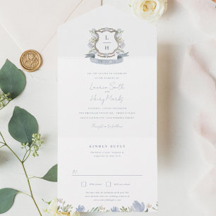 Invitación Todo En Uno Escudo floral Acuarela Monograma Boda triple