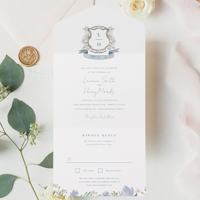 Invitación Todo En Uno Escudo floral Acuarela Monograma Boda triple (Subido por el creador)