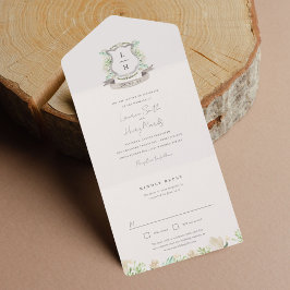 Invitación Todo En Uno Escudo floral Acuarela Monograma Boda triple