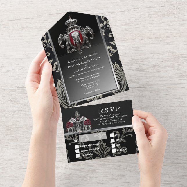 Invitación Todo En Uno Escudo indio hindú real damasco plata negra (desgarro)