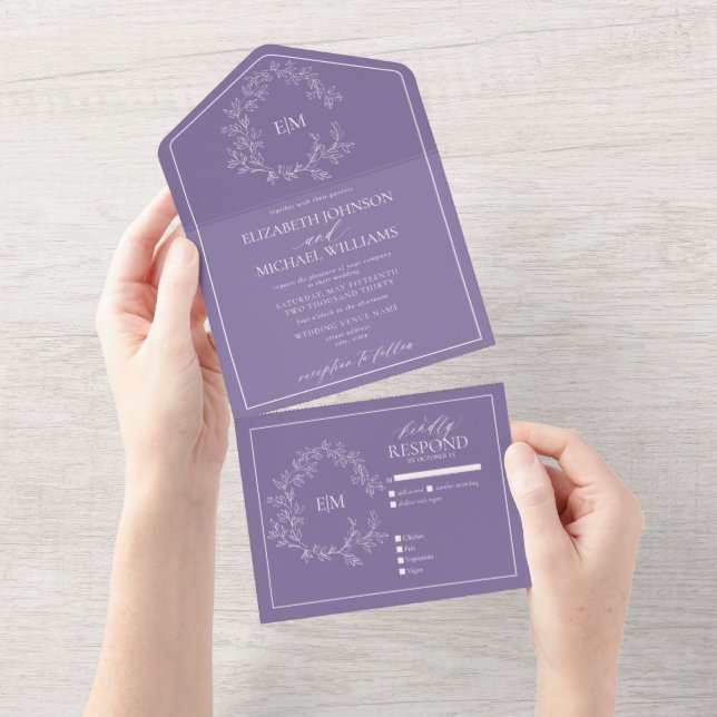 Invitación Todo En Uno Escudo Lilac Lavender Leafy Monograma Boda (desgarro)