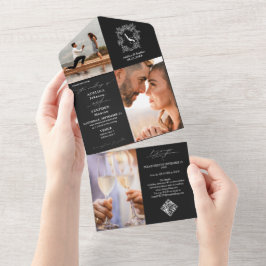 Invitación Todo En Uno Escudo Monograma 3 Código QR Foto Boda blanco negr